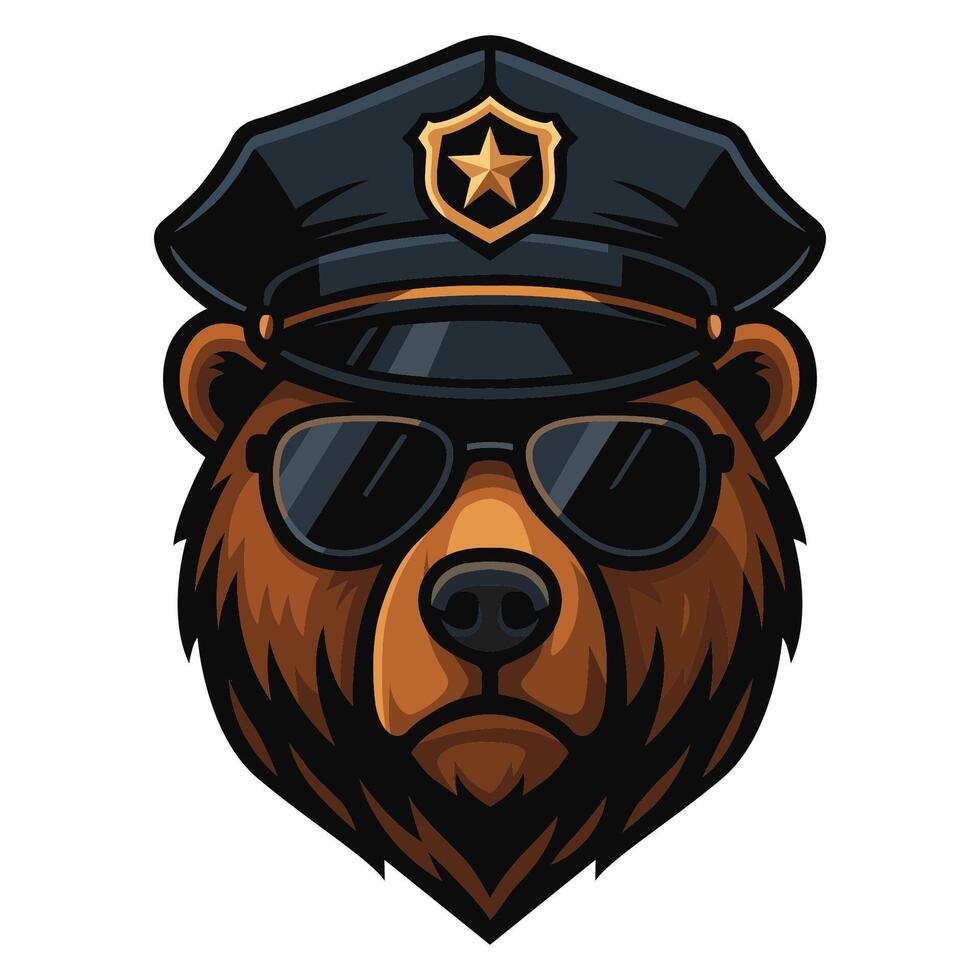 a bear wearing sunglasses and a police hat illustration vector