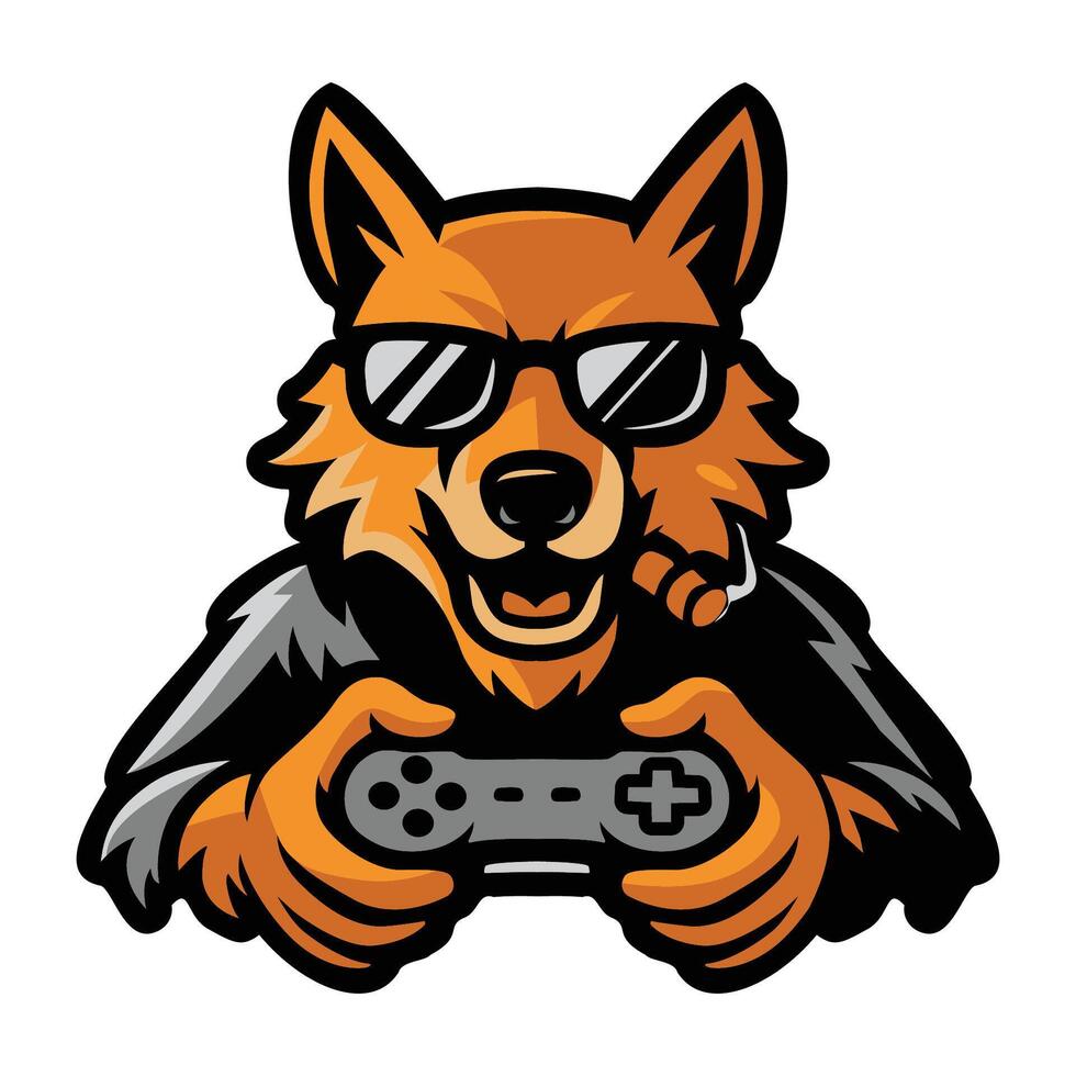 a cartoon wolf wearing sunglasses and holding a controller illustration vector