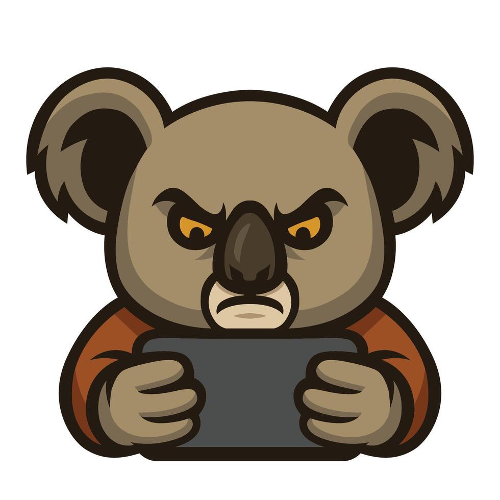 angry koala bear holding tablet computer illustration vector