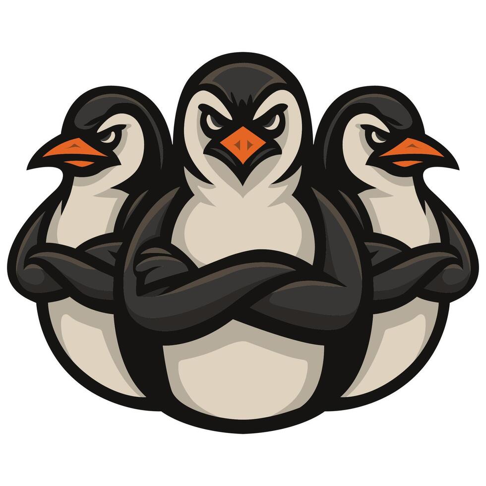 three penguins with angry faces on their arms illustration vector