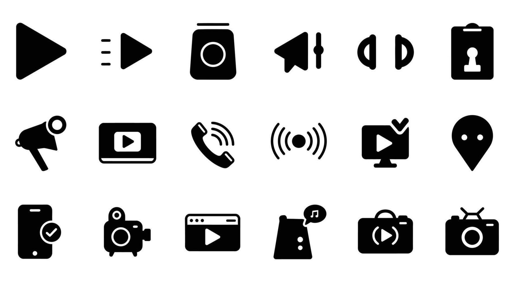 a set of black and white icons that include a camera, microphone, and other items vector