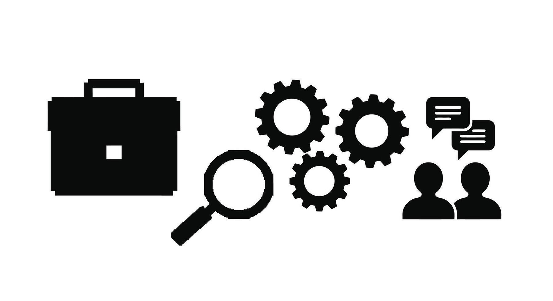 a black and white image of a briefcase, a magnifying glass and a person vector