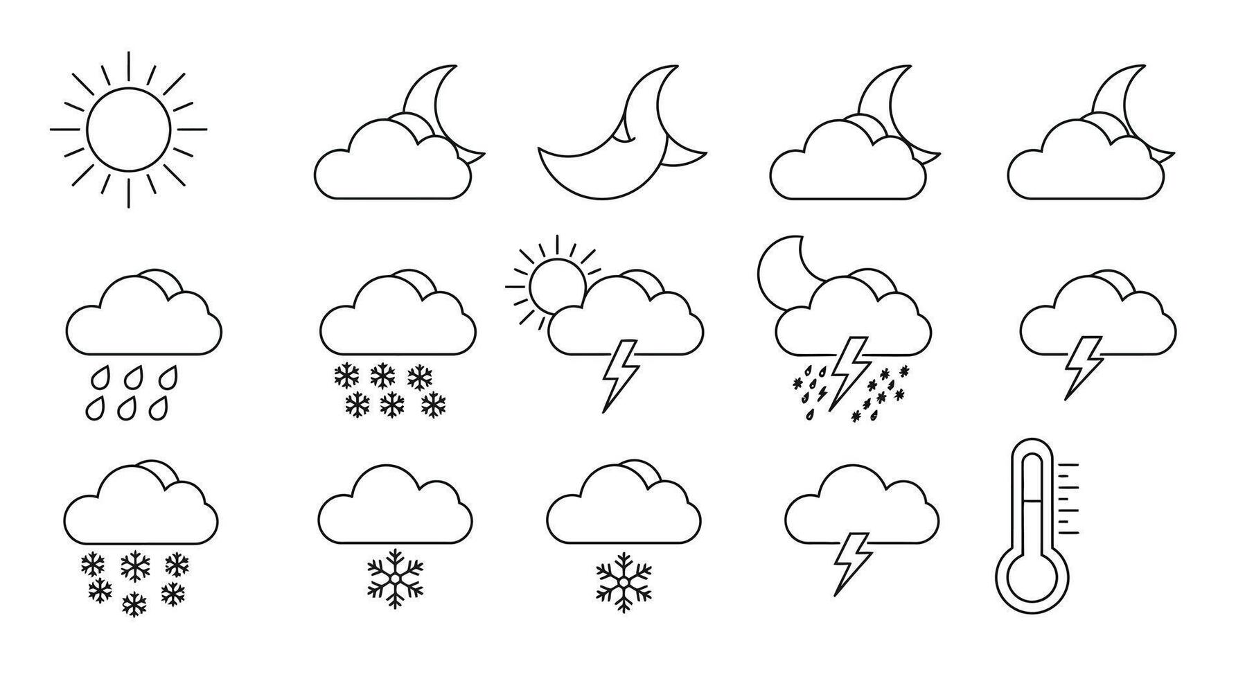 weather icons set, including sun, clouds, rain, and sun vector