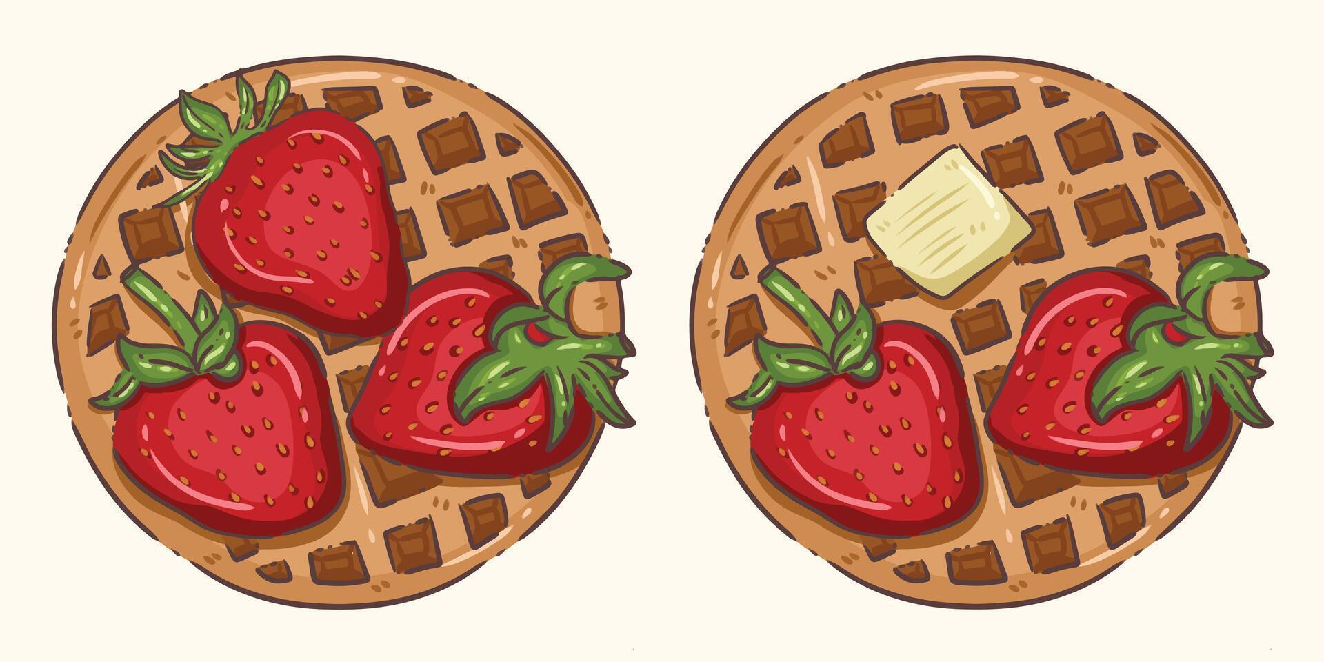 Waffles topped with strawberries and butter vector