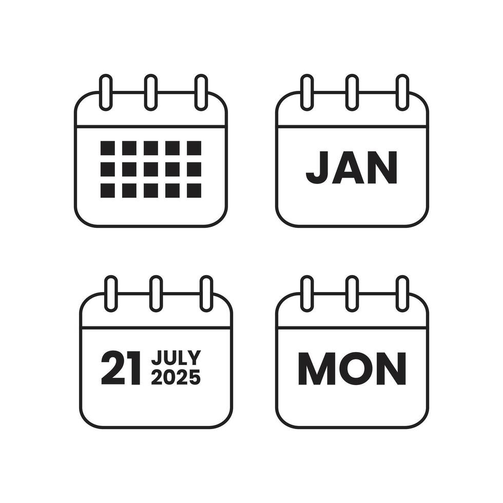 Four Simple Black and White Calendar Icons Displaying Different Dates vector