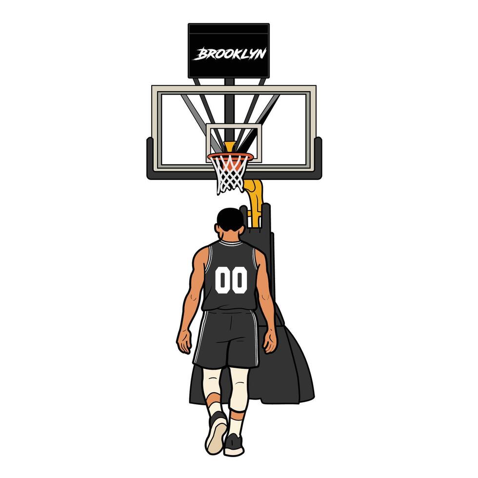 illustration of a basketball player in a black uniform standing under the hoop, viewed from behind. The scene shows a basketball court setup with a Brooklyn branded backboard. vector