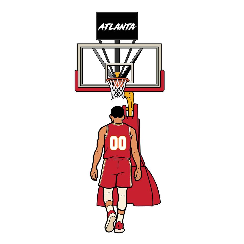 illustration of a basketball player in a red blue uniform standing under the hoop, viewed from behind. The scene shows a basketball court setup with a Atlanta branded backboard. vector
