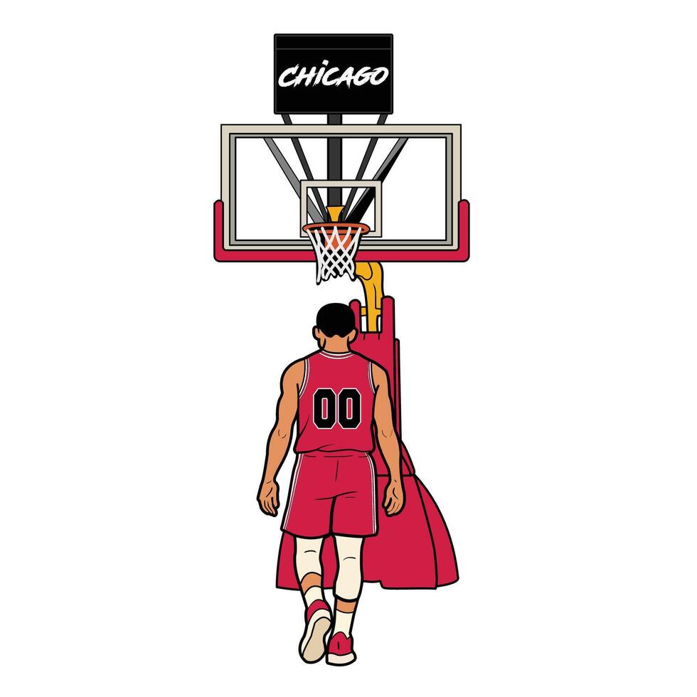 illustration of a basketball player in a red blue uniform standing under the hoop, viewed from behind. The scene shows a basketball court setup with a Chicago branded backboard. vector