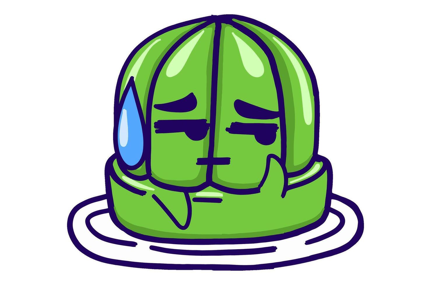 Kawaii Green Jelly On A Plate Mascot Sticker Collection With Disappointed Expression vector