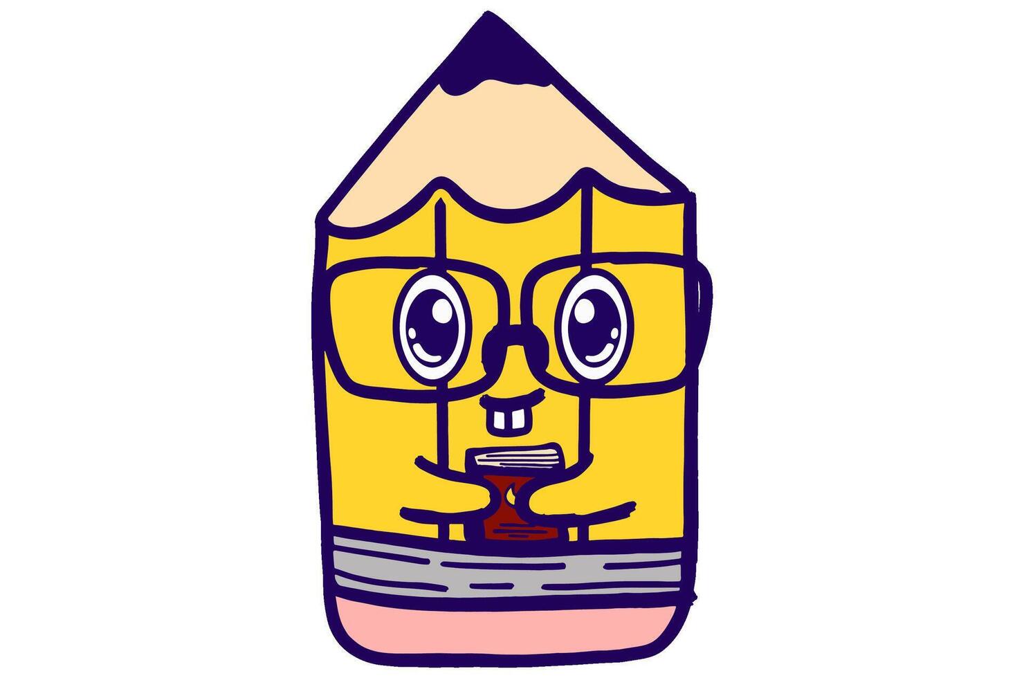 Cute Yellow Pencil Mascot Stickers With Smart Bookworm Expression While Hugging a Book vector