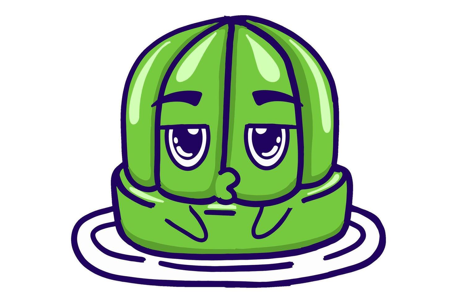 Kawaii Green Jelly On A Plate Mascot Sticker Collection With Frowning Expression vector