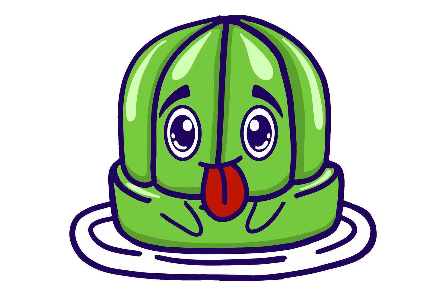Kawaii Green Jelly On A Plate Mascot Sticker Collection With Tongue Sticking Out Mocking Expression vector