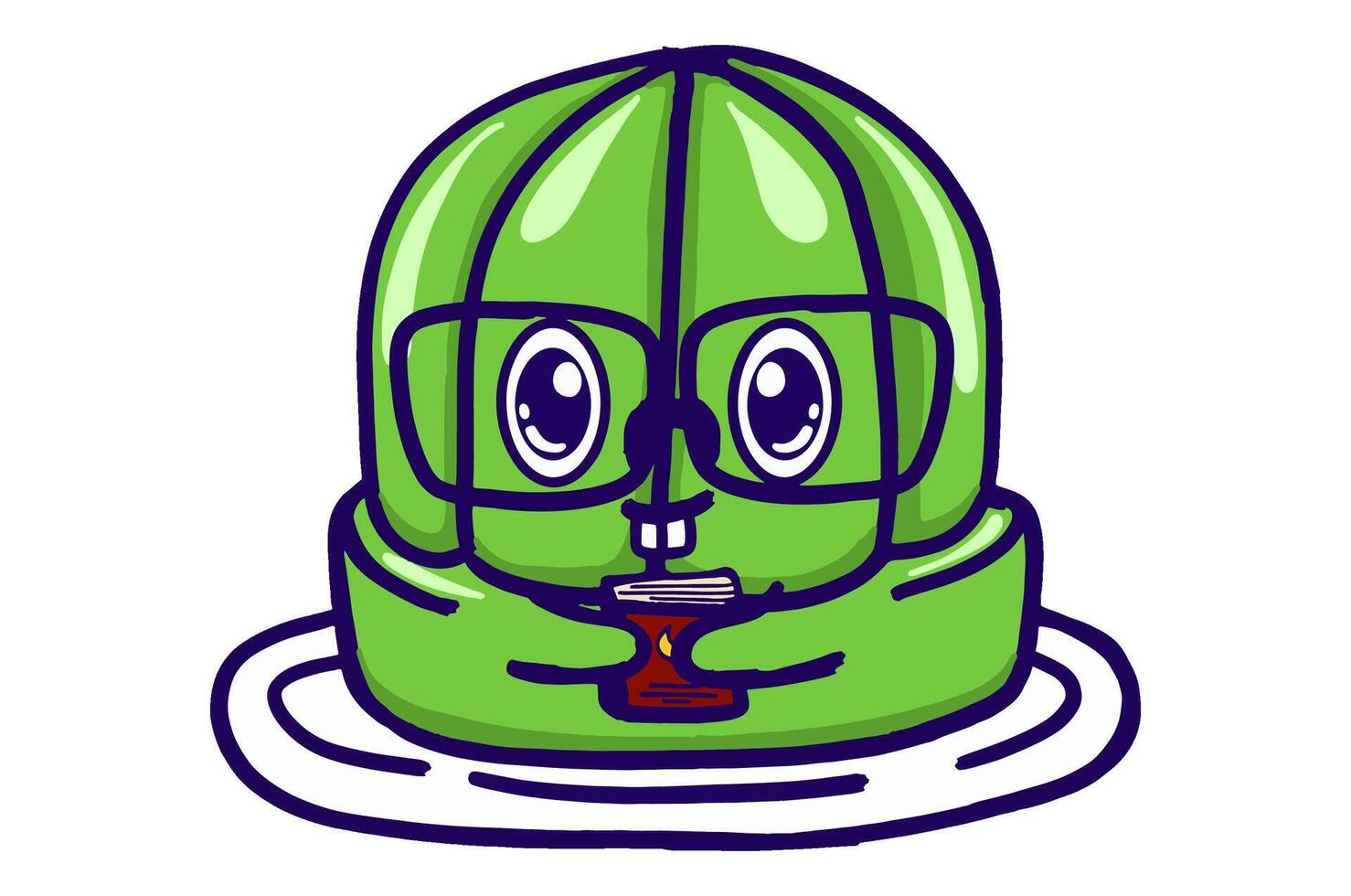 Kawaii Green Jelly On A Plate Mascot Sticker Collection With Smart Bookworm Expression While Hugging a Book vector
