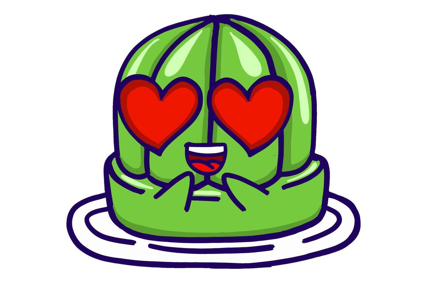 Kawaii Green Jelly On A Plate Mascot Sticker Collection With Fall in Love With Love Eyes Expression vector