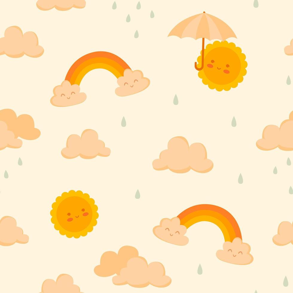Cute sunny pattern with clouds and rainbows vector