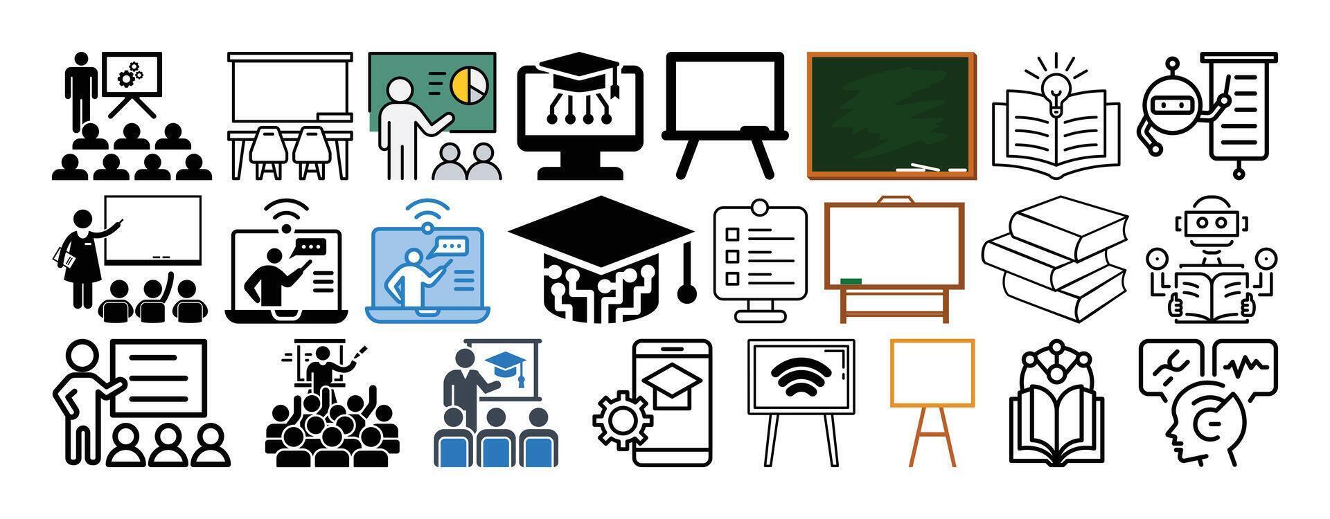 Set of Smart classrooms, EdTech, Digital whiteboards, Smart books and AI Assisted learning icon set collection design. vector