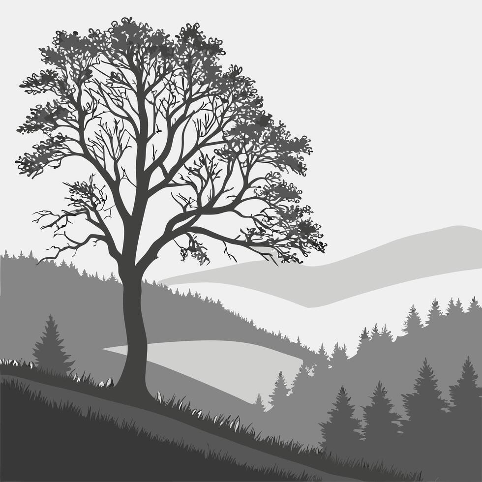 Monochrome Landscape Illustration Deciduous Tree Hilly Terrain Coniferous Forest Grayscale vector