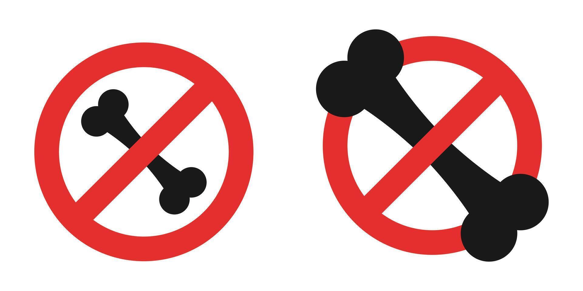 Illustrative rendering of two no-bone sign icons. A red circle with a diagonal line over a bone. Represents a place where bones are prohibited or not allowed. vector