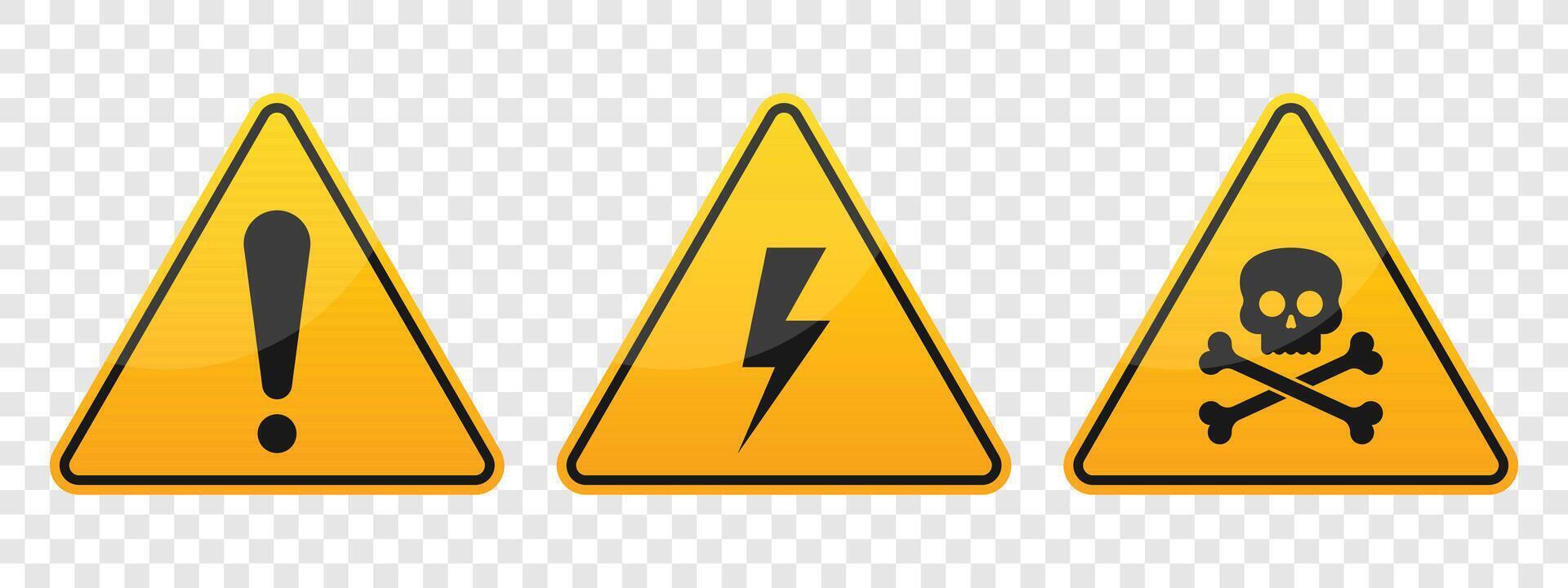 Three yellow warning signs with black borders displayed against a translucent background. The left sign has an exclamation point, the middle a lightning bolt, and the right a skull. vector