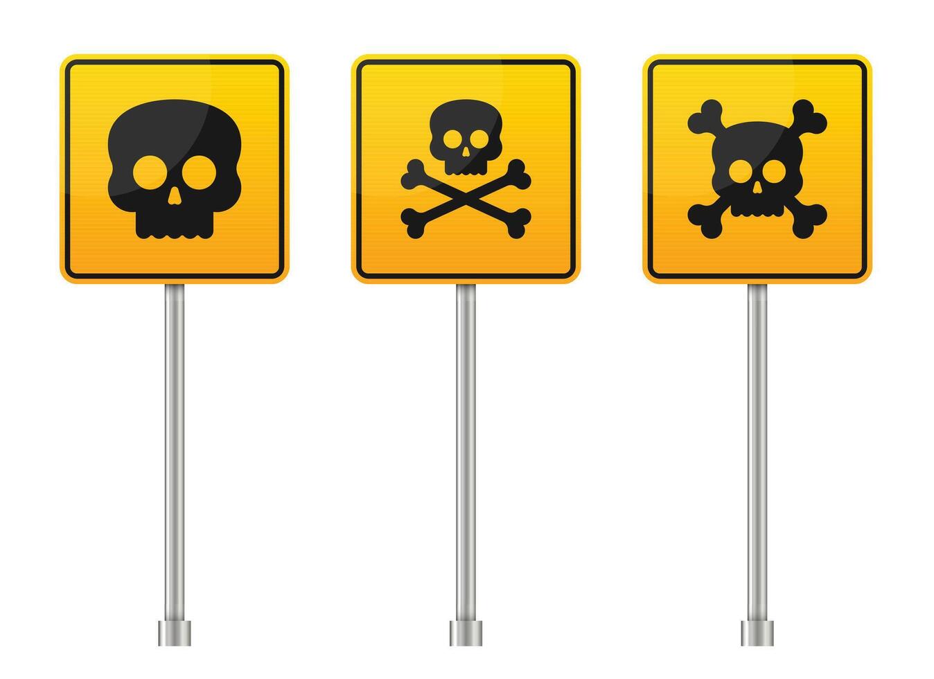 Three identical warning signs with yellow backgrounds stand side-by-side, each mounted on a metal pole, featuring various skull and crossbones designs, cautioning of danger. vector