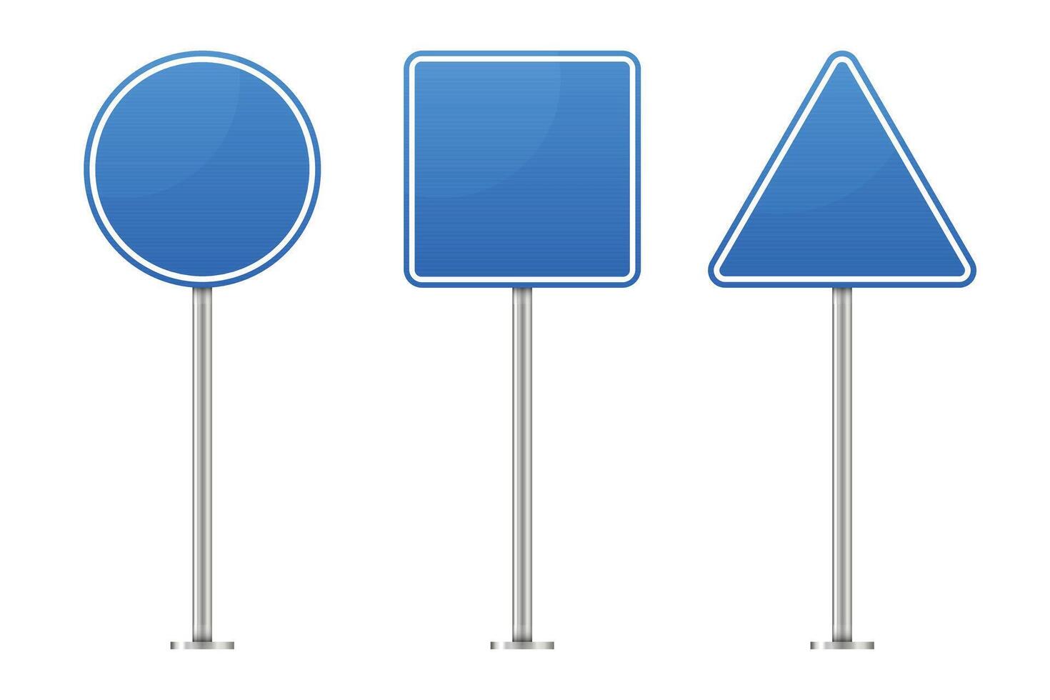 Three blue road signs stand in a row against a white background. The signs are circle, square, and triangle shaped, each mounted on a metal pole for roadside installation. vector