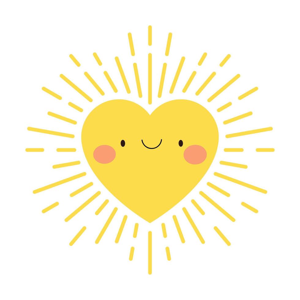 A cheerful, stylized yellow heart with a simple smile radiates sunshine. The heart features rosy cheeks and simple eyes, all against a crisp white backdrop. vector