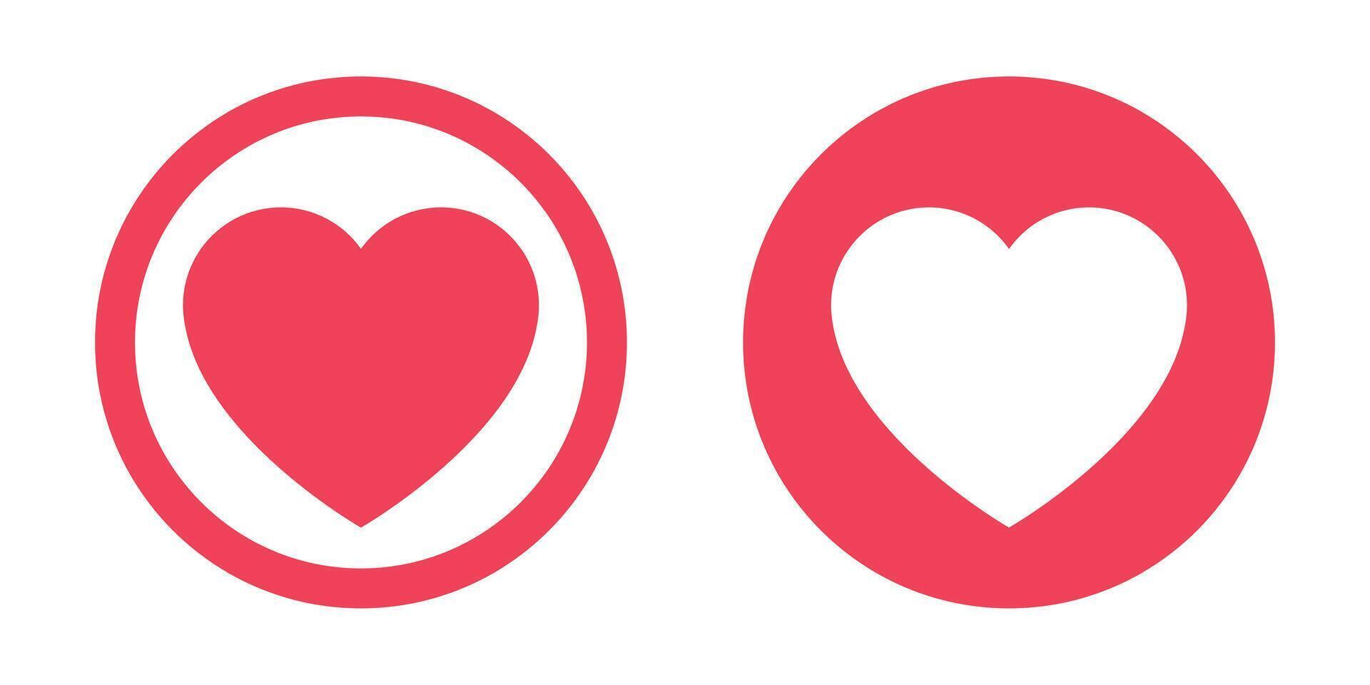 Two stylized red heart icons are displayed on a white background. One heart is filled-in, the other is outlined with a red border. These icons may represent affection and appreciation. vector