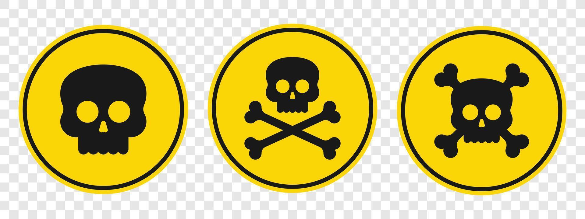 The image features three yellow warning signs. Each sign shows a different skull and crossbones symbol, alerting to potential danger in the surrounding environment. vector