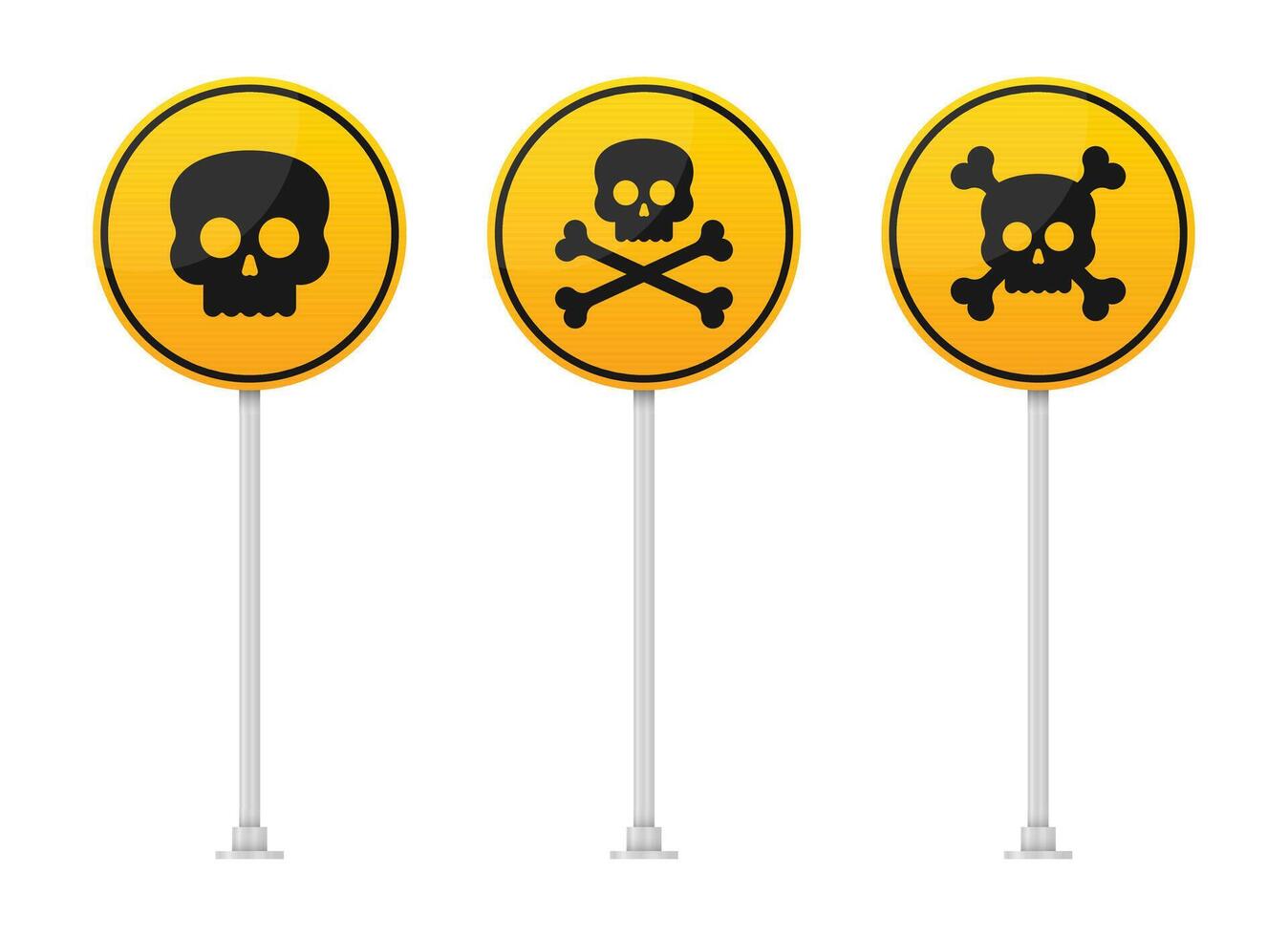 Three yellow circular warning signs with black skull and crossbones symbols stand side-by-side, mounted on metal poles against a white background, indicating danger or hazard. vector