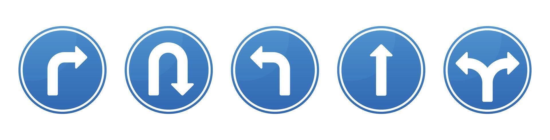 A collection of five circular road signs, each with a blue background and white arrow indicating different directions, right, U-turn, left, straight ahead, and a fork in the road. vector