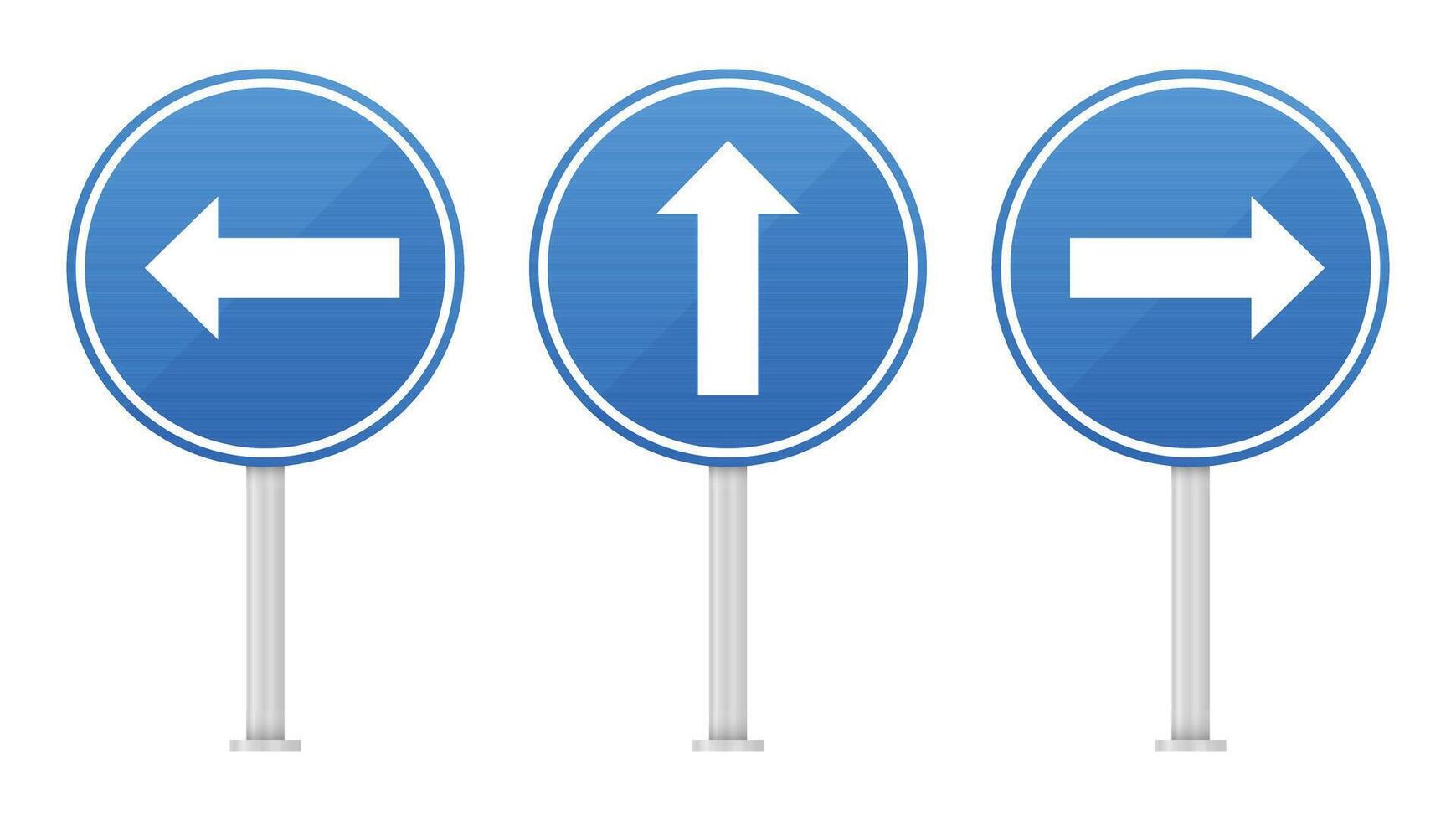 Three blue circular directional signs indicate left, straight, and right directions. These arrow signs provide clear guidance. Essential for navigation and wayfinding. vector