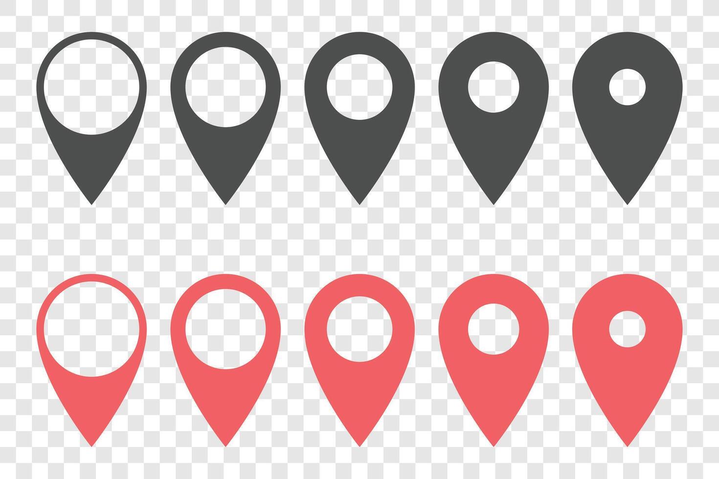 The image shows two rows of location icons, in grey and red. They look like stylized map pins or markers on a transparent background. Pointing downward, navigation concept. vector
