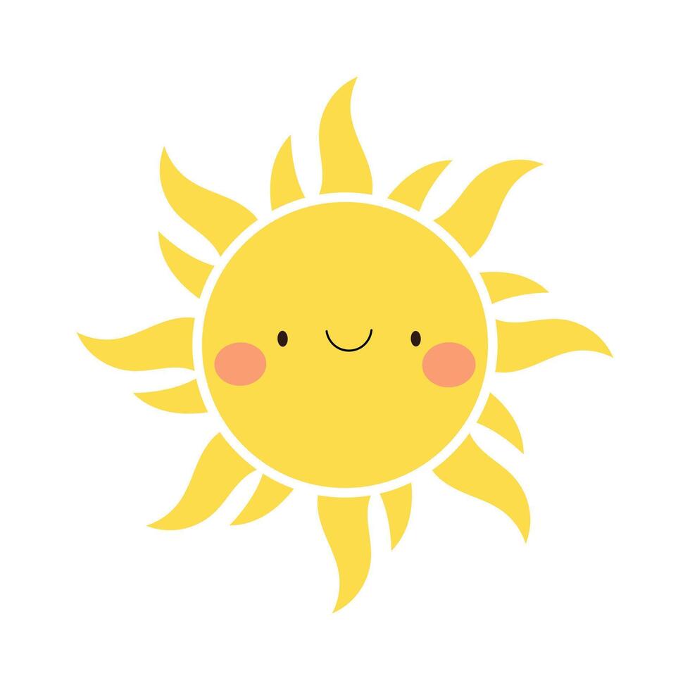 A cartoon-style image of a bright yellow sun with a happy face. The sun features a simple, smiling mouth and rosy cheeks, emanating positive energy and warmth. vector