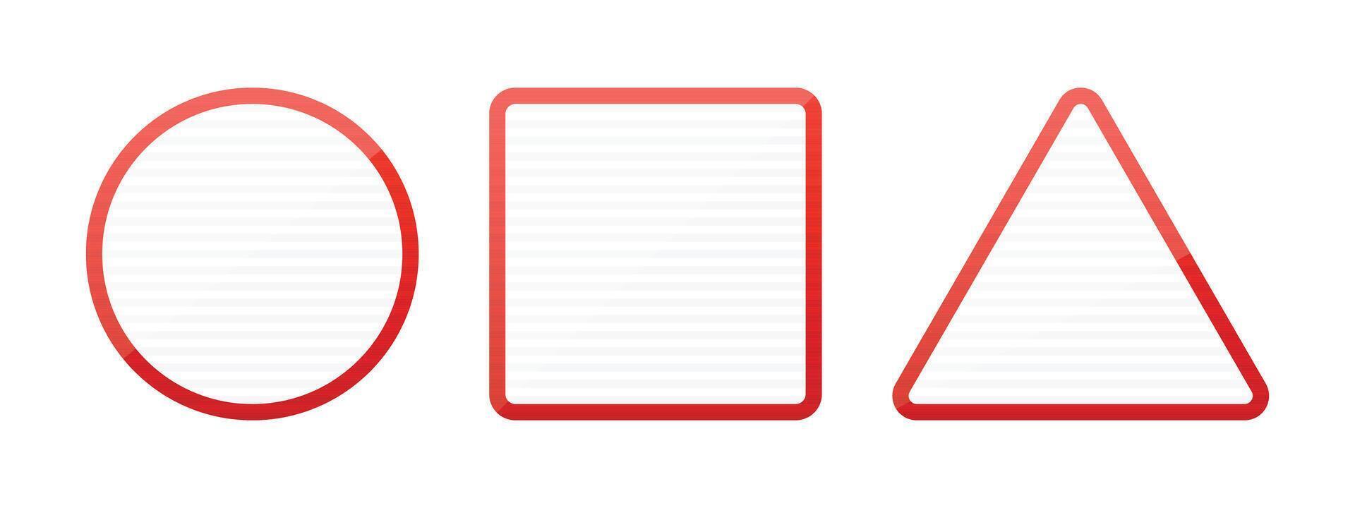 A simple image of three geometric shapes, a red outlined circle, square, and triangle. These are isolated against a white background. Each shape's interior is filled with white. vector