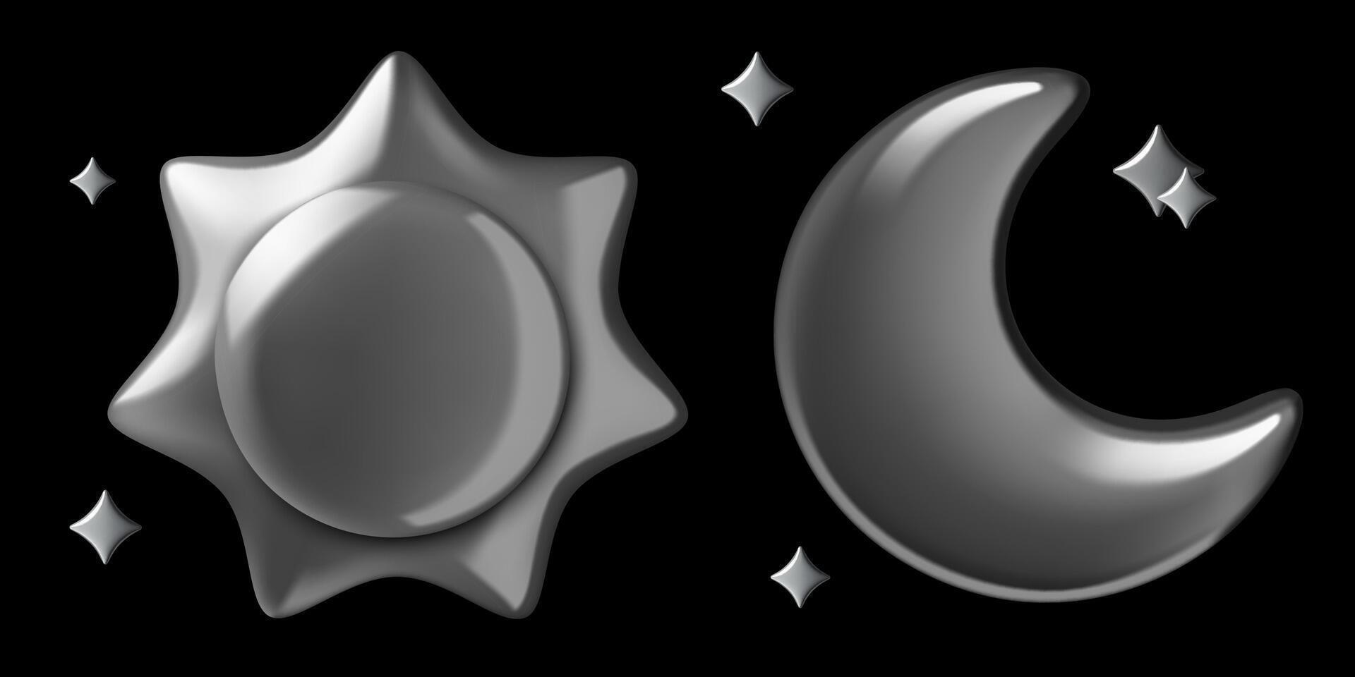 Sun and crescent moon 3d chrome stickers with stars on black background vector