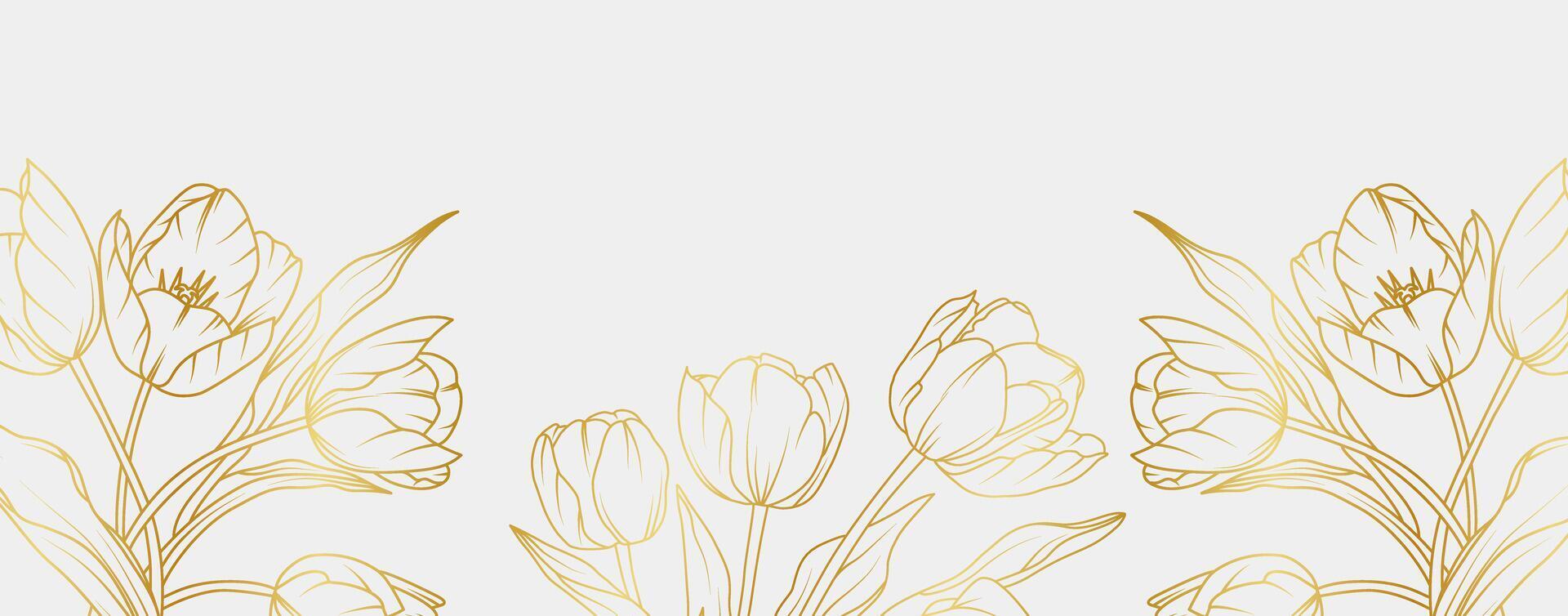 Luxury gold tulip flowers backgrounds. Floral pattern tropical in line art style for greeting, invitation, wedding card, wall art, wallpaper and print illustration vector