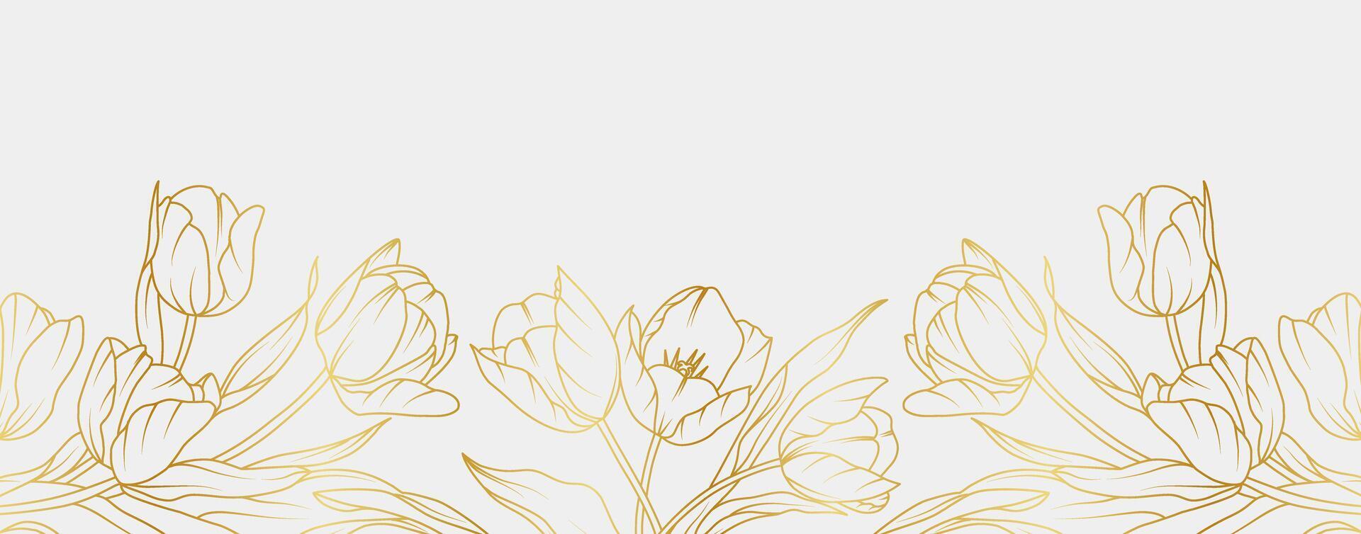 Luxury gold tulip flowers background. Floral pattern tropical in line art style for greeting, invitation, wedding card, wall art, wallpaper and print illustration vector