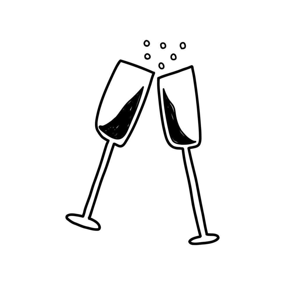 Hand drawn glasses of champagne clinking, cartoon doodle illustration isolated on white background. Concepts of holiday, celebrations and cheers. vector