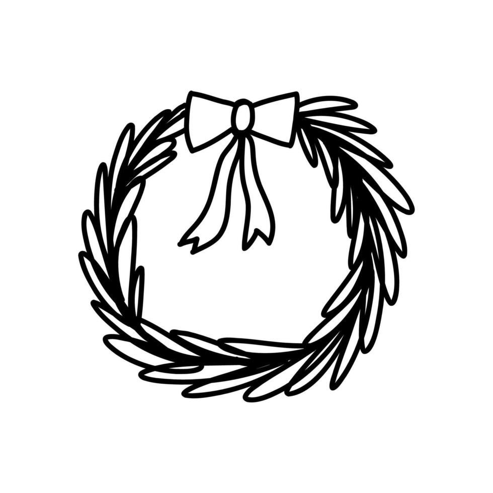 Hand drawn hanging wreath with bow, cartoon doodle illustration isolated on white. Cute Christmas wreath. vector