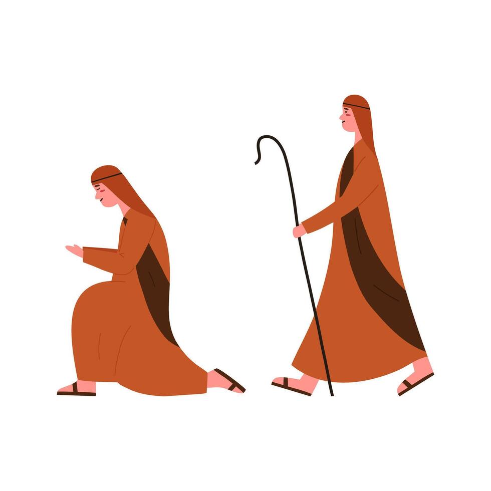 Two men in brown robes kneeling and holding a stick vector
