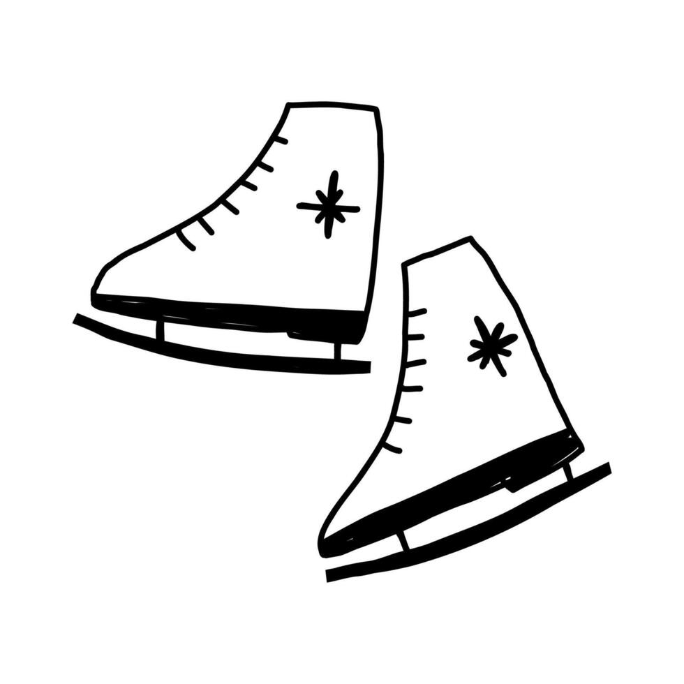 Cute ice skates in hand drawn doodle style, illustration isolated on white background. Winter sport equipment outline drawing. vector