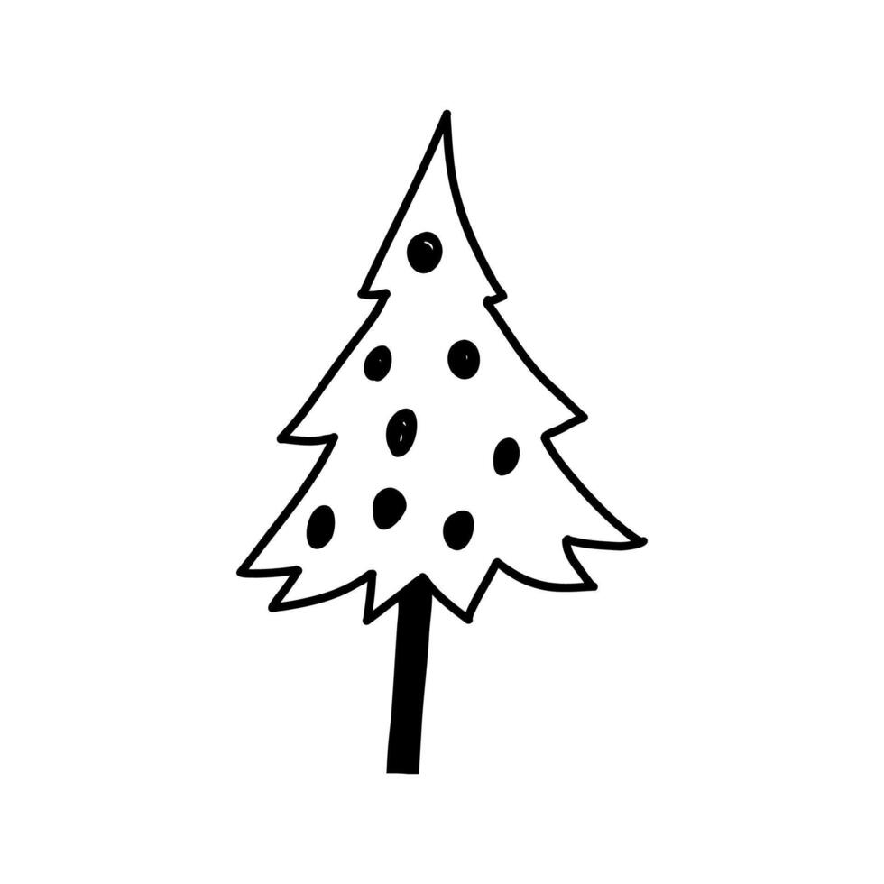 Hand drawn Christmas tree, doodle outline style, illustration isolated on white background. Cute cartoon of winter holiday design element. vector