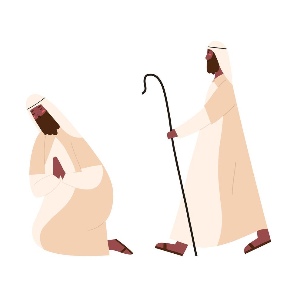 Shepherd walking, nativity scene, cartoon flat illustration isolated on white background. Christmas character drawing. Christianity. vector