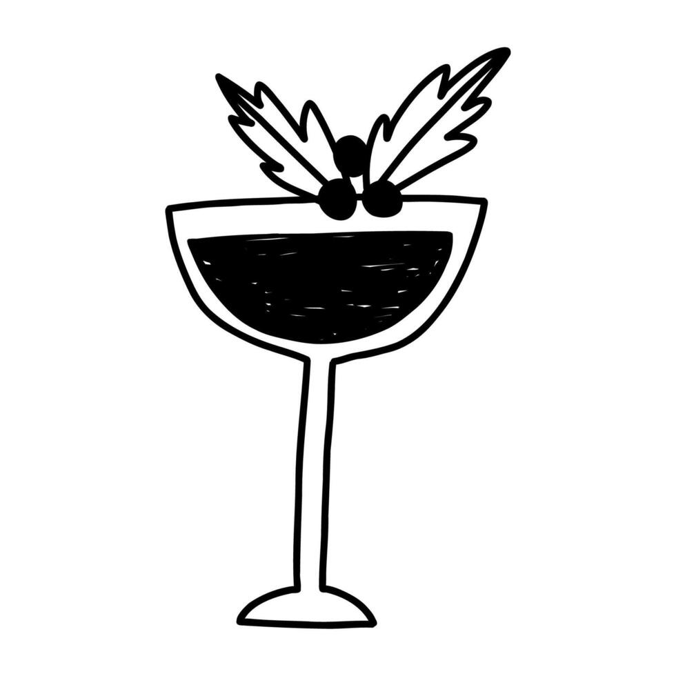 Elegant winter cocktail in hand drawn doodle style, illustration isolated on white background. Christmas drink outline drawing. vector