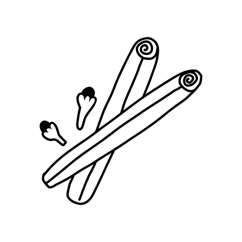 Cinnamon sticks and cloves in hand drawn doodle style, illustration isolated on white background. Aromatic spices cartoon outline drawing. vector