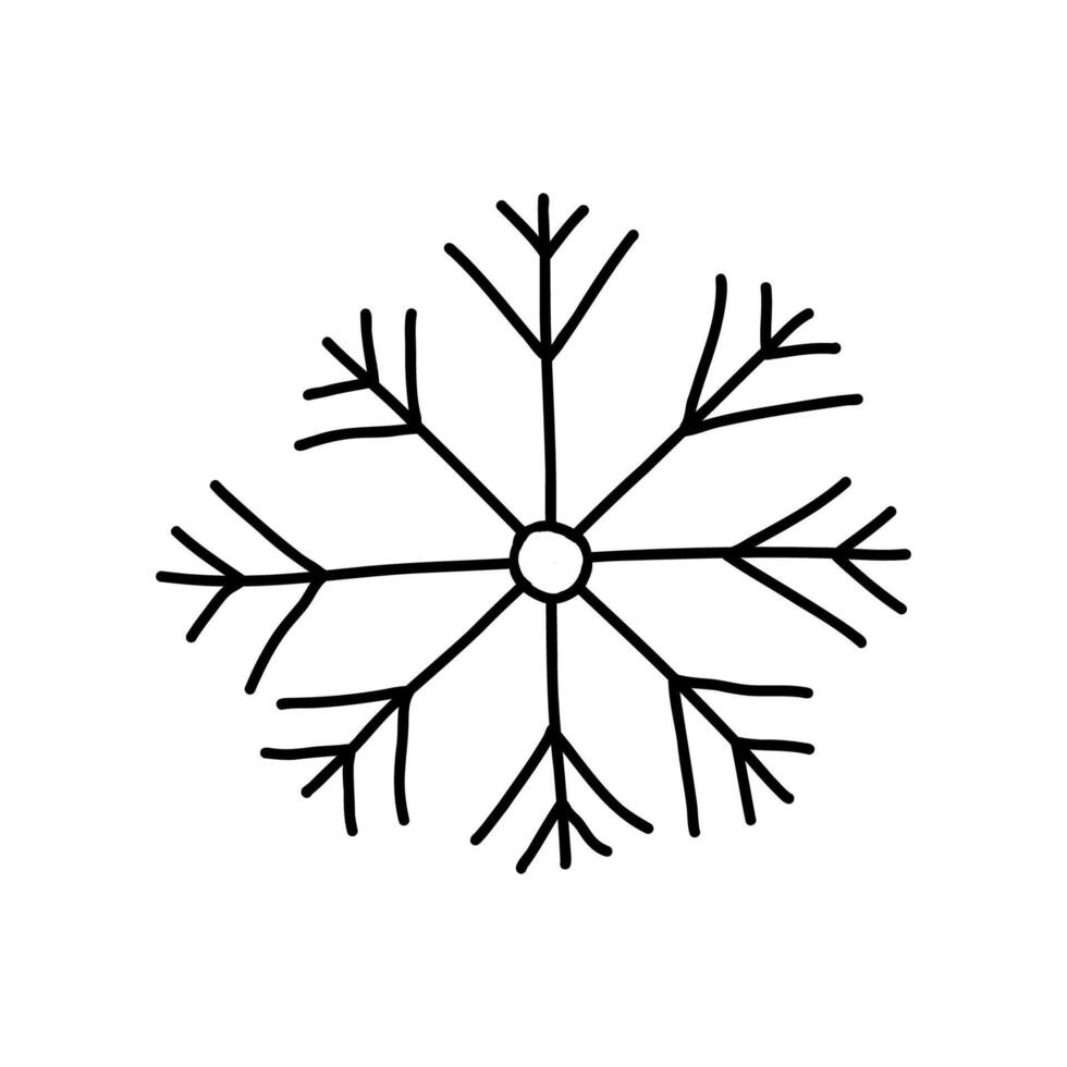 Cute hand drawn snowflake, outline doodle style, illustration isolated on white background. Winter and Christmas holiday decor element. vector