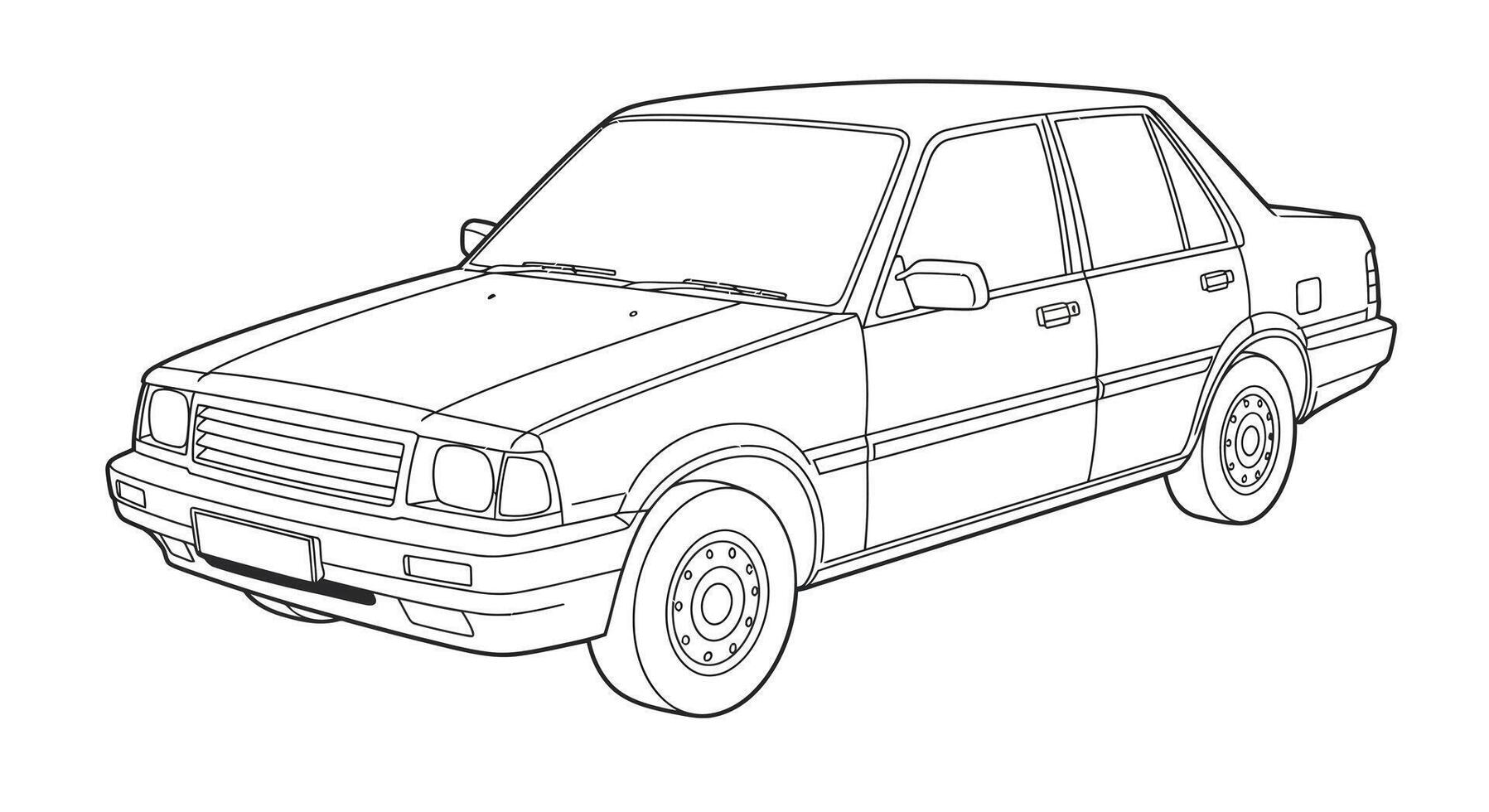 Kids Coloring Page Illustration of a Boxy 1980s Era Sedan Car Outline for Printing vector