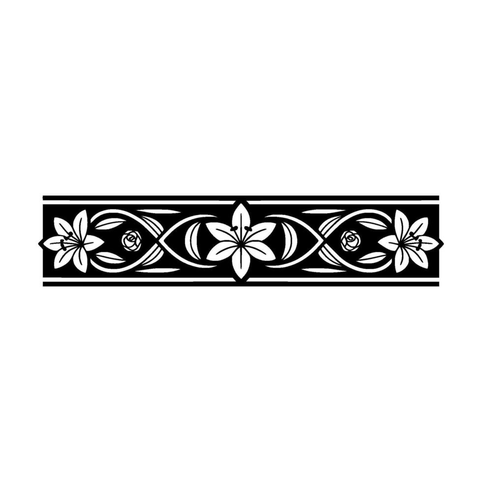 Decorative Floral Border Element Lily, Rose, and Swirls, Black and White. vector