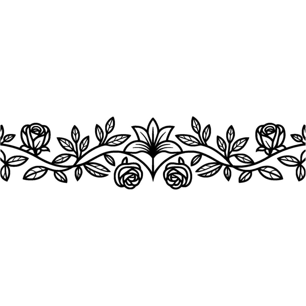 Elegant Floral Border Black White Line Art on White Background. vector