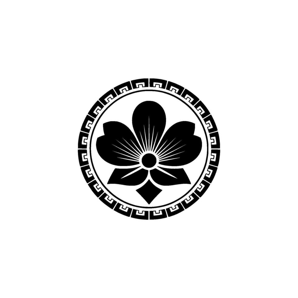 Minimalist Floral Emblem Black Blossom in Circle, Japanese. vector